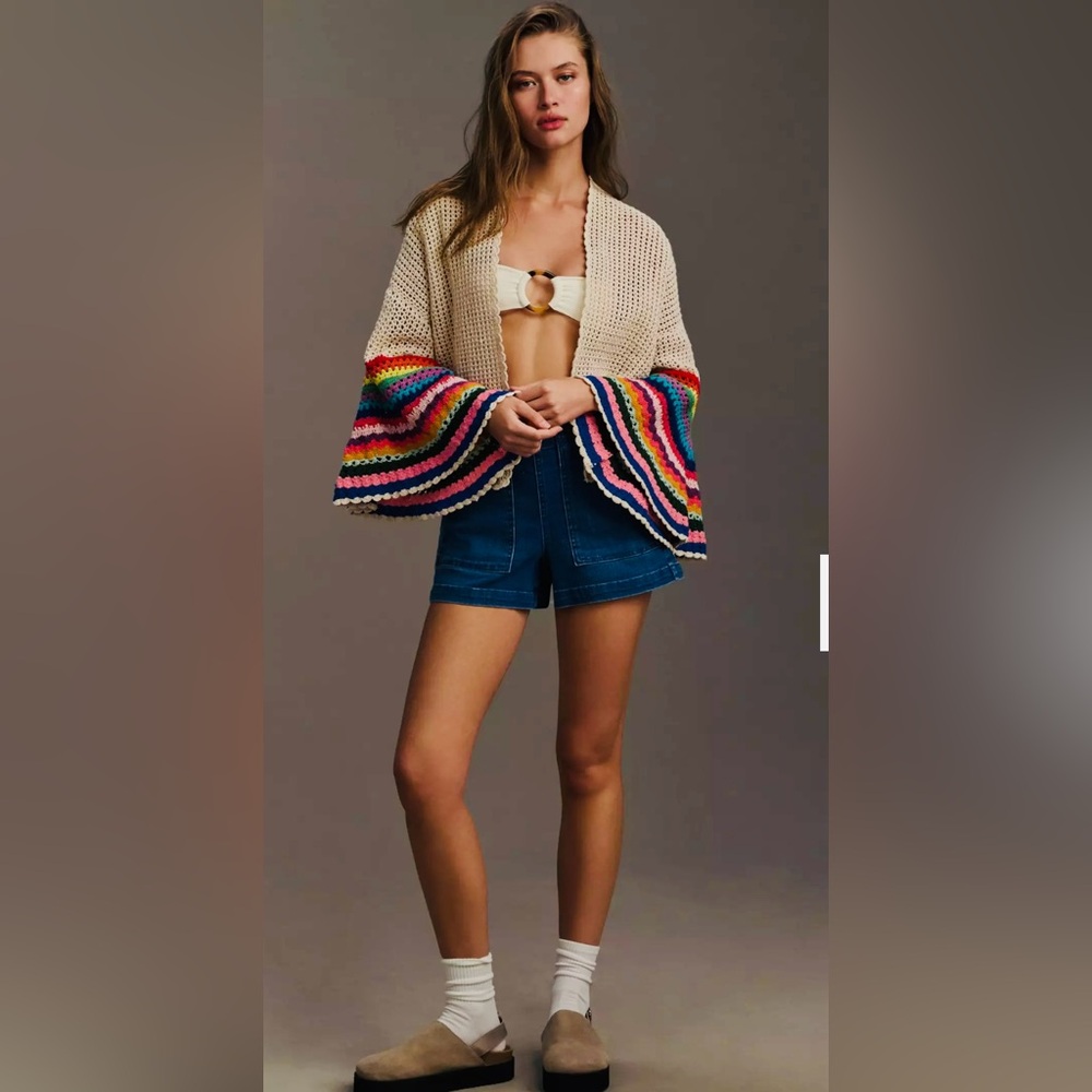 Anthropologie Flared Cream Crochet Knit Sweater cardigan.